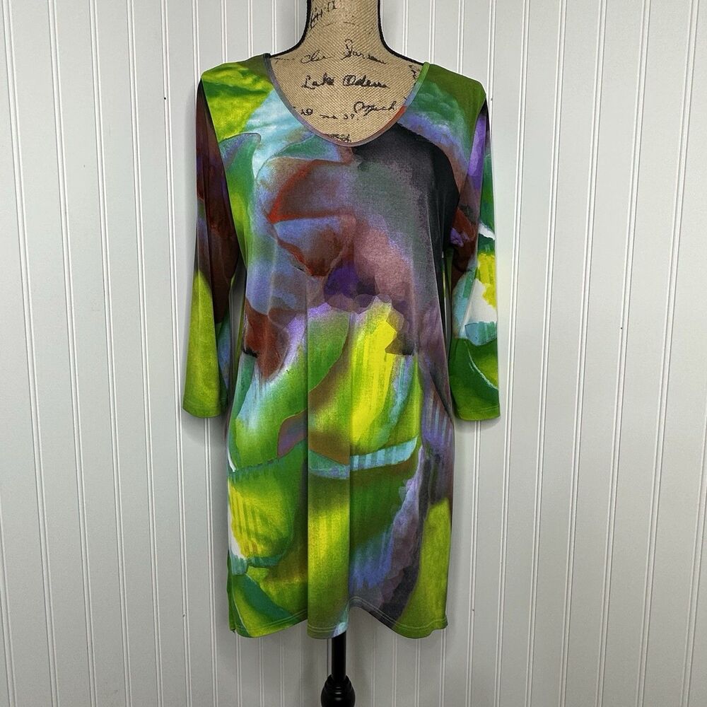 Clara Sun Woo Tunic Top Women Sz L Abstract Watercolor Art To Wear Artsy Shirt - Picture 10 of 10